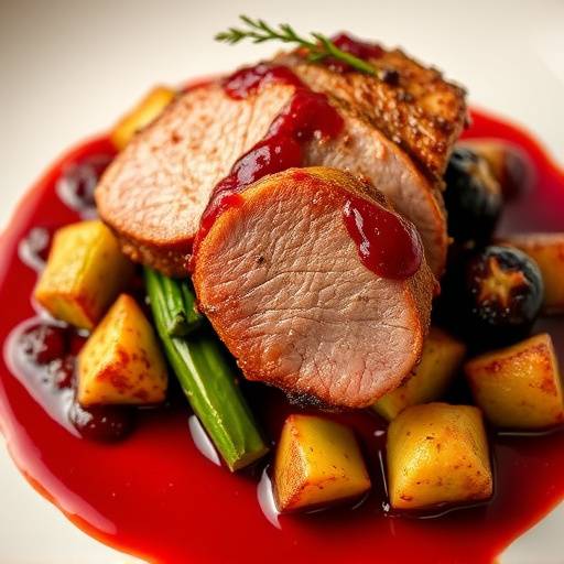 A beautifully plated dish of Seared Duck Breast with Cherry Sauce, garnished with fresh herbs and served alongside roasted vegetables.