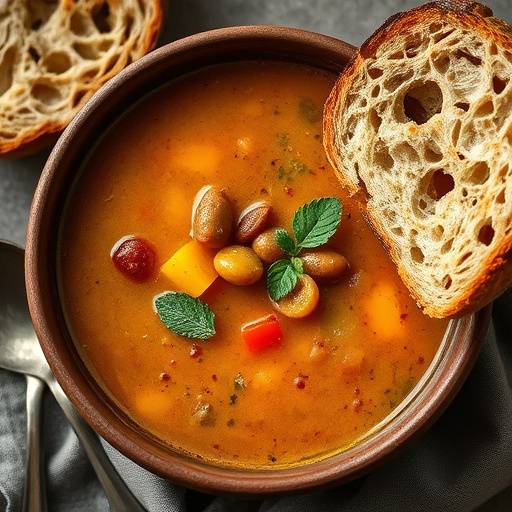 A bowl of hearty lentil soup with crusty bread on the side