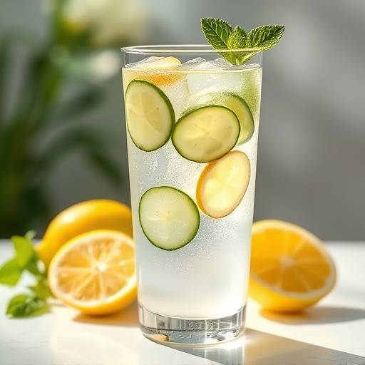 A glass of water with slices of lemon and cucumber, representing healthy hydration.