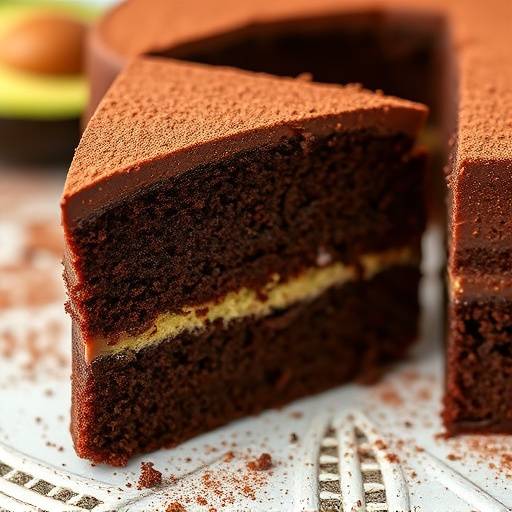 A slice of decadent chocolate avocado cake on a plate, dusted with cocoa powder