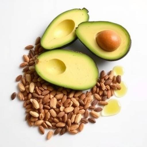 Assortment of healthy fats including avocados, nuts, seeds, and olive oil.