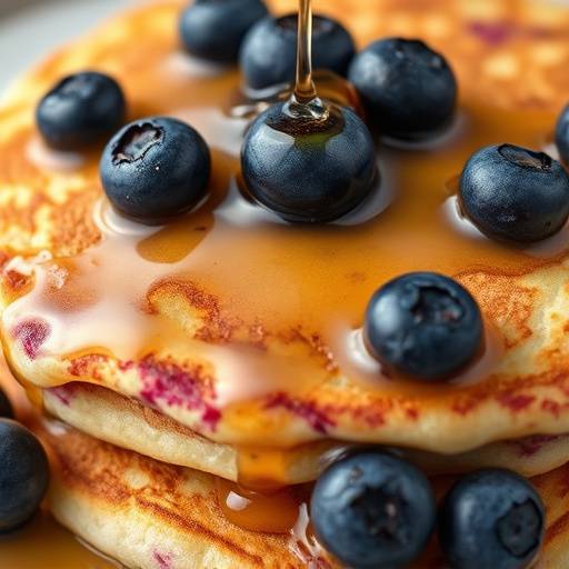 Close-up of a stack of fluffy blueberry pancakes with syrup dripping down