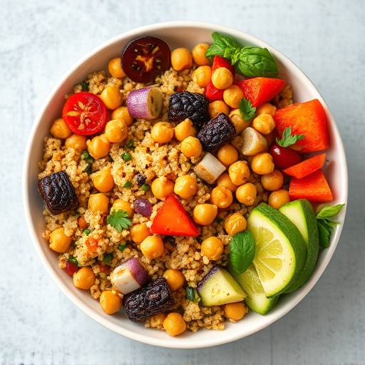 Image of a colorful vegan bowl with quinoa, roasted vegetables, and chickpeas.