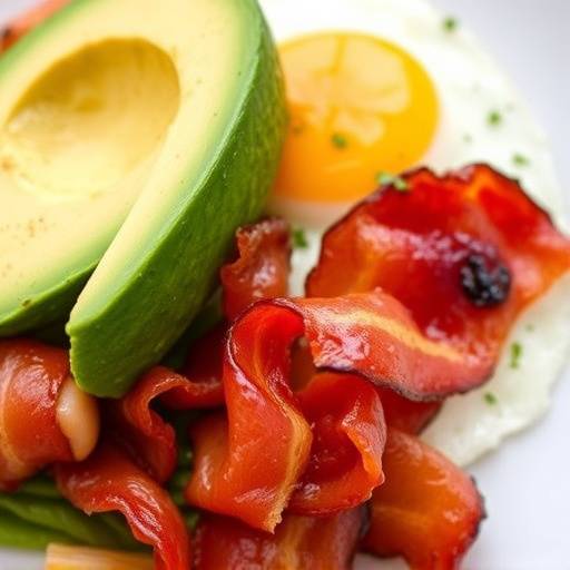 Image of a ketogenic-friendly meal with avocado, eggs, and bacon.