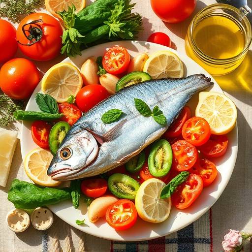 Image of a Mediterranean-style meal with fresh vegetables, fish, and olive oil.