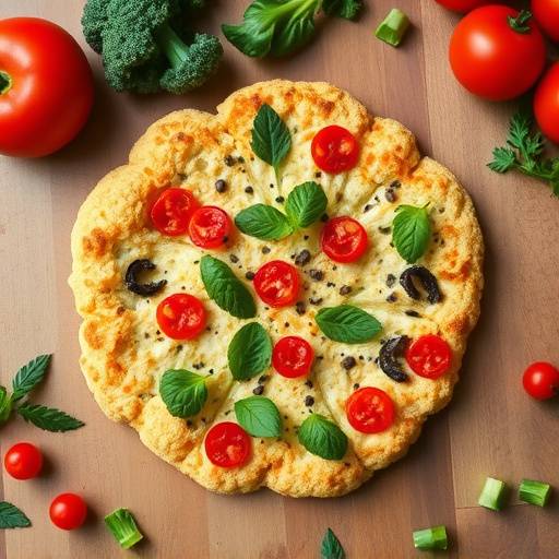 Overhead view of a pizza with cauliflower crust, topped with colorful vegetables