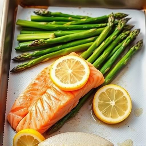 Salmon fillet baked with asparagus and lemon slices on a baking sheet